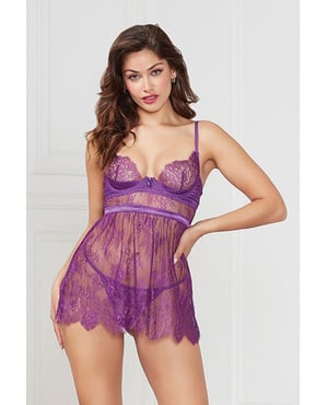 Floral Eyelash Lace Underwire Babydoll w/Thong 2 pc Set – Purple SM by Seven 'til Midnight product image
