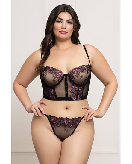 Floral Lace and Mesh Underwire Bustier w/Thong 2 pc Set – Black/Purple 1X/2X by Seven 'til Midnight product image