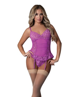 Butterfly Fantasies Gathered Corset w/Cheeky Panty & Attached Garters 2 pc Set – Neon Purple L/XL by Exposed product image