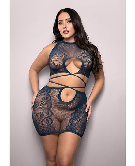 Vixen Floral Lace Knit Tie Back Top w/Skirt 2 pc Set – Navy QN by Vixen by Fantasy Lingerie product image