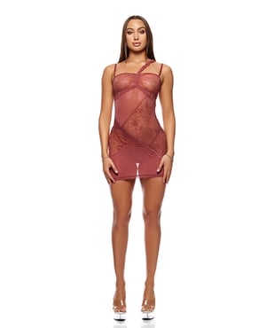 Patch of Petals Sheer Mesh and Lace Chemise w/Thong 2 pc Set – Mauve LG by Forplay product image