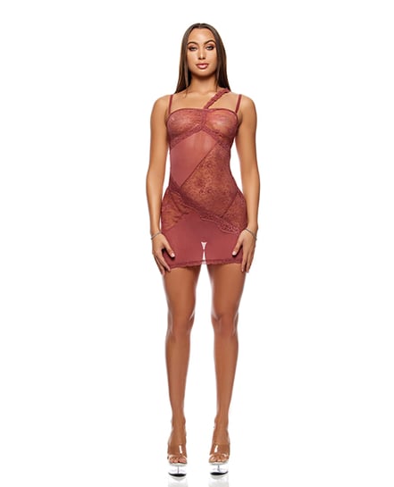 Patch of Petals Sheer Mesh and Lace Chemise w/Thong 2 pc Set – Mauve MD by Forplay product image