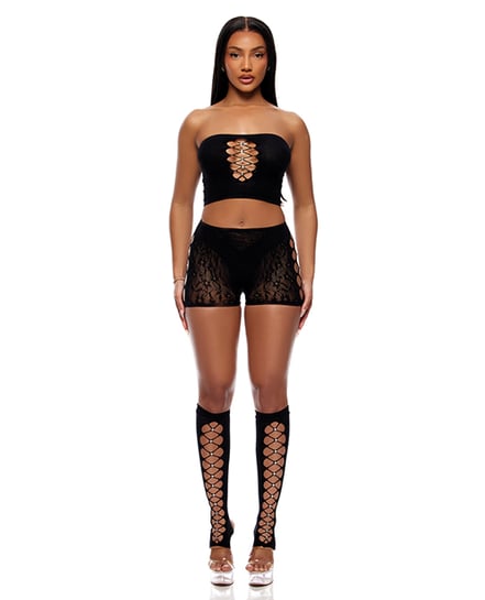 Cross Your Mind Tube Top w/Boy Short & Open Toe Socks Bodystocking – Black QN by Forplay product image