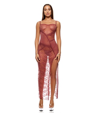 Patch of Petals Sheer Mesh and Lace Gown w/Thong 2 pc Set – Mauve SM by Forplay product image