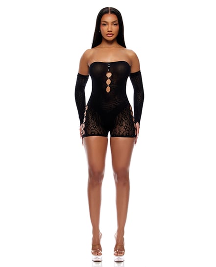 Cross Your Mind Romper Bodystocking w/Rhinestone Details & Gloves 2 pc Set – Black QN by Forplay product image