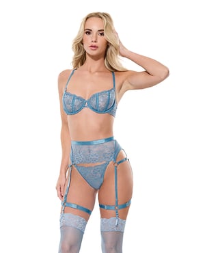 Floral Lace with Gold Hardware Underwire Bra w/Garter & Thong 3 pc Set – Blue SM by Coquette product image