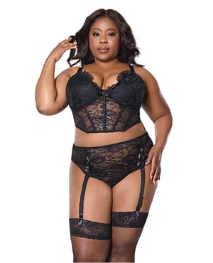 Lace Bustier w/Padded Cups & Gartered Thong Panty 2 pc Set – Black 3X/4X by Coquette product image