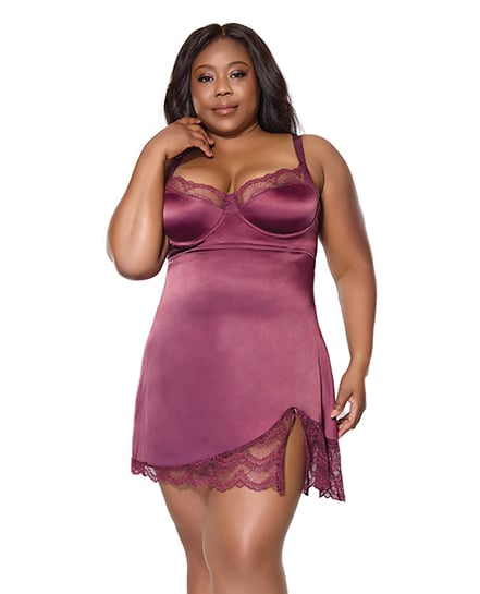 Scallop Lace Trimmed Stretch Satin Chemise w/Underwire Cups – Mauve Plum 1X/2X by Coquette product image