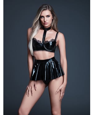 Allure Naughty Nights Latex Look Vinyl and Lace Choker Bra & Mini Skirt 2 pc Set – Black LG by Allure product image