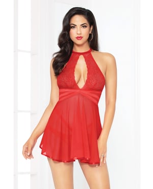 Lace Mesh Babydoll w/Strappy Waist & Panty w/Criss Cross Waistband Red MD by Seven 'til Midnight product image