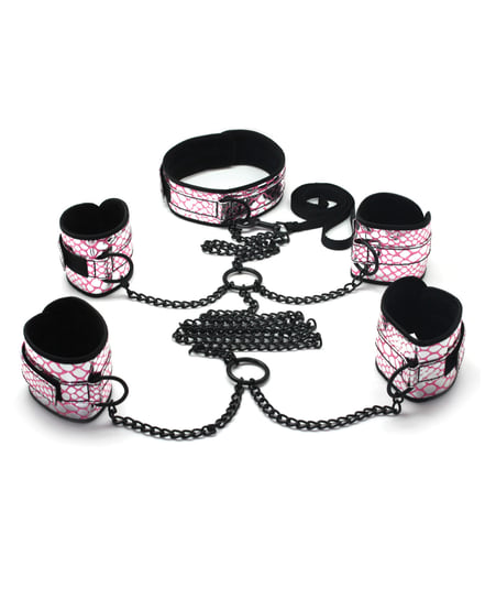 Spartacus Faux Leather Collar to Wrist & Ankle Restraints Bondage Kit w/Leash – Pink by Spartacus product image