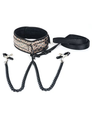 Spartacus Faux Leather Collar & Leash w/Black Nipple Clamps – Gold by Spartacus product image