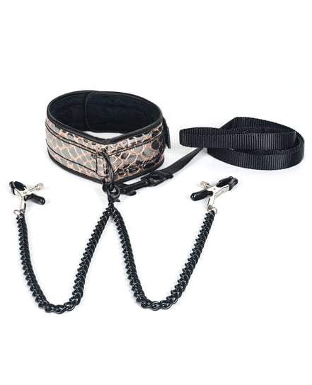 Spartacus Faux Leather Collar & Leash w/Black Nipple Clamps – Gold by Spartacus product image