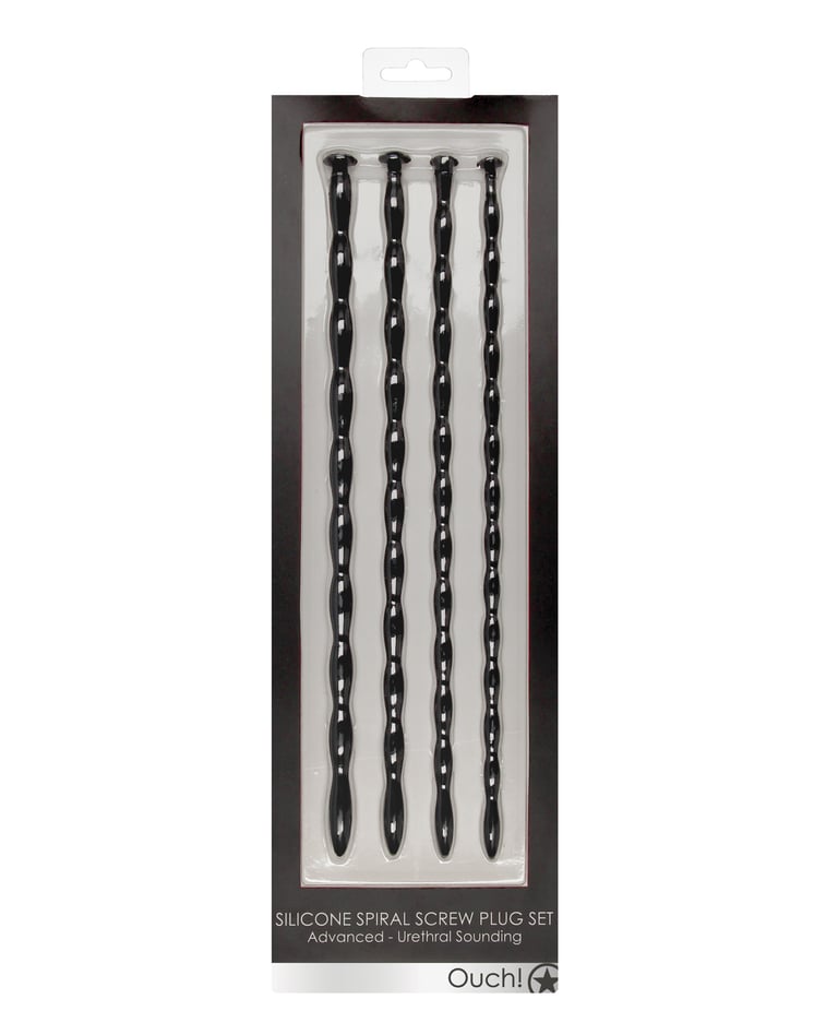 Shots Ouch Advanced Urethral Sounding Silicone Spiral Plug Set – Black by Ouch product image