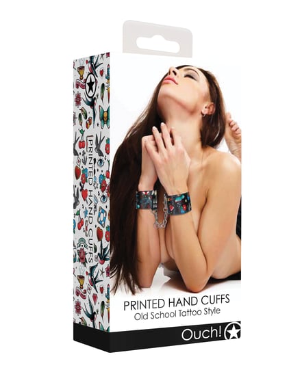Shots Ouch Old School Tattoo Style Printed Hand Cuffs- Black by Ouch product image
