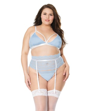 Scallop Stretch Lace Bra, Garter Belt & G-String Light Blue/White 2X by Coquette product image