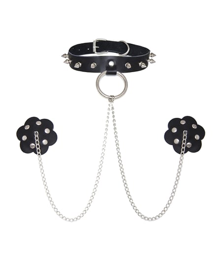 Neva Nude Burlesque Slave 4 U Chain Neck Choker Leather Reusable Silicone Pasties – Black O/S by Neva Nude product image
