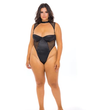 Josephine High Leg Teddy w/Removable Fishnet Collared Harness Black 3X by RSVP by Oh la la Cheri product image