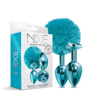 Nixie Metal Butt Plug Set w/Jewel Inlaid & Pom Pom – Blue Metallic by Nixie product image