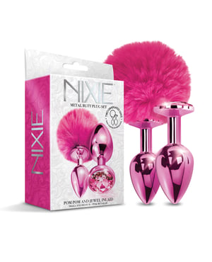 Nixie Metal Butt Plug Set w/Jewel Inlaid & Pom Pom – Pink Metallic by Nixie product image