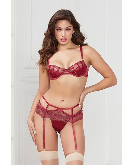 Stretch Satin & Lace Balconette Cup & Garter Panty Wine XL by Seven 'til Midnight product image