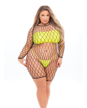 Pink Lipstick Dance With Me Large Fishnet Romper, Bandeau Top & G-String (Fits up to 3X) Neon Yellow QN by Pink Lipstick product image