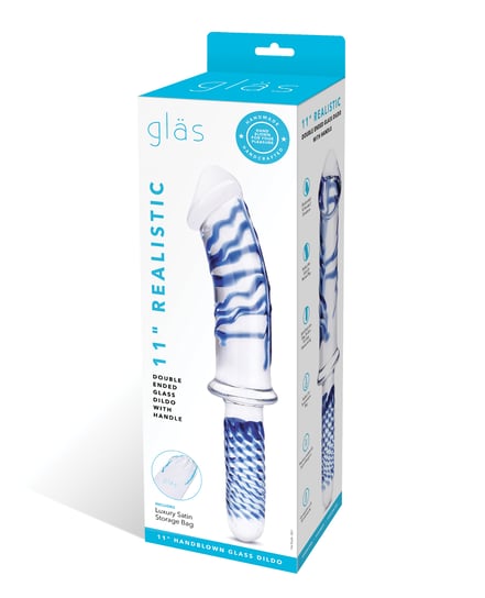 Glas 11″ Realistic Double Ended Glass Dildo w/Handle – Blue by Glas product image