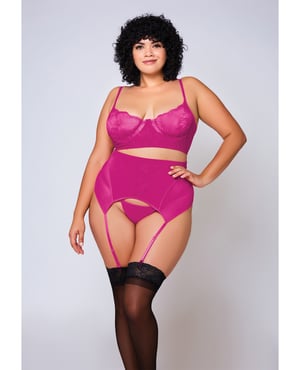 Soft Lace Bra, High Waist Satin & Mesh Garterbelt & G-String Fuchsia 1X by iCollection Lingerie product image
