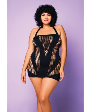 Heart of Chaos Seamless Chemise w/Halter Strap & Vertical V Cut Outs Black QN by Glitter product image