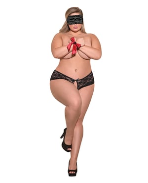 Love & Bondage Split Back Lace Booty Short, Blindfold & Wrist Ties Black QN by Exposed product image