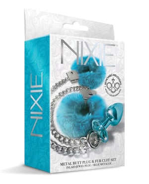 Nixie Metal Butt Plug w/Inlaid Jewel & Fur Cuff Set – Blue Metallic by Nixie product image