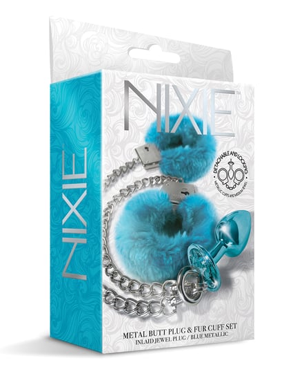Nixie Metal Butt Plug w/Inlaid Jewel & Fur Cuff Set – Blue Metallic by Nixie product image
