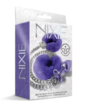 Nixie Metal Butt Plug w/Inlaid Jewel & Fur Cuff Set – Purple Metallic by Nixie product image