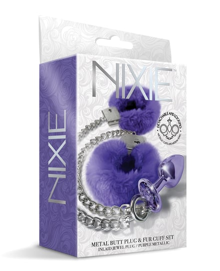 Nixie Metal Butt Plug w/Inlaid Jewel & Fur Cuff Set – Purple Metallic by Nixie product image