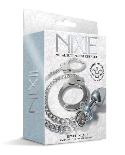 Nixie Metal Butt Plug w/Inlaid Jewel & Fur Cuff Set – Silver Metallic by Nixie product image