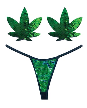 Neva Nude Naughty Knix Weed Leaf Sequin G-String & Pasties – Green O/S by Neva Nude product image