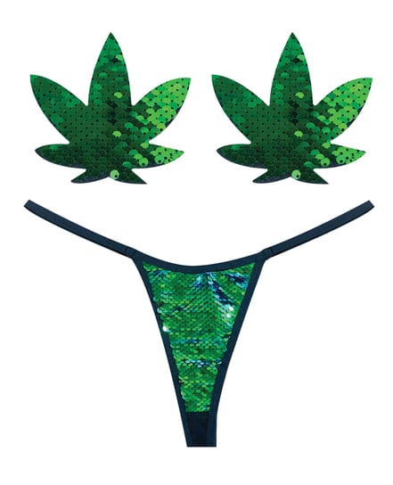 Neva Nude Naughty Knix Weed Leaf Sequin G-String & Pasties – Green O/S by Neva Nude product image