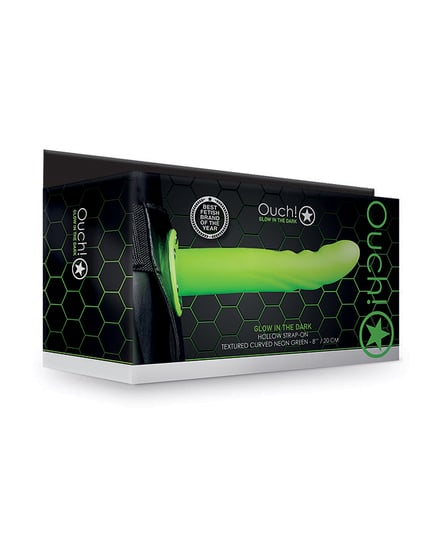 Shots Ouch 8″ Textured Curved Hollow Strap On – Glow in the Dark by Ouch product image