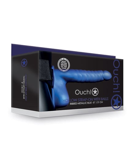 Shots Ouch 8″ Ribbed Hollow Strap On w/Balls – Metallic Blue by Ouch product image