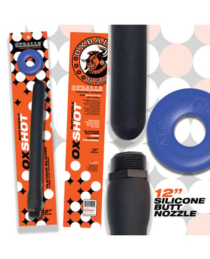 Oxballs Oxshot 12″ Silicone Butt Nozzle w/Flex Cockring – Black/Blue by Oxballs product image