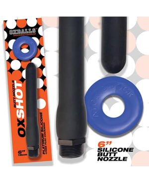 Oxballs Oxshot 6″ Silicone Butt Nozzle w/Flex Cockring – Black/Blue by Oxballs product image