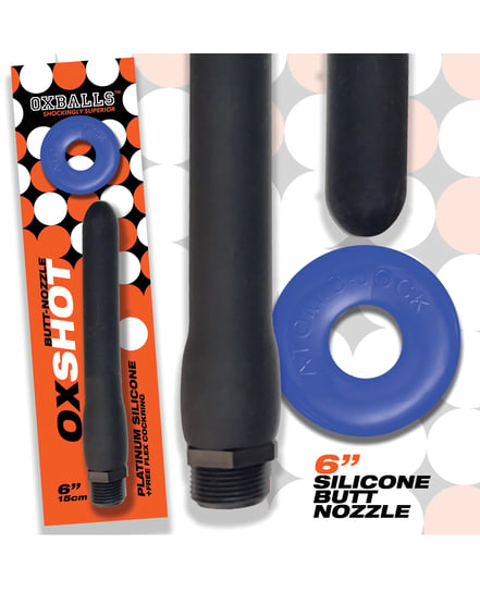 Oxballs Oxshot 6″ Silicone Butt Nozzle w/Flex Cockring – Black/Blue by Oxballs product image