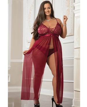 Empire Waist Laced Sheer Long Dress & Panty Mulled Wine QN by G World product image