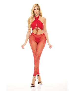 Pink Lipstick Gives You Hell Halter Bra, Pantyhose & G-String Red O/S by Pink Lipstick product image