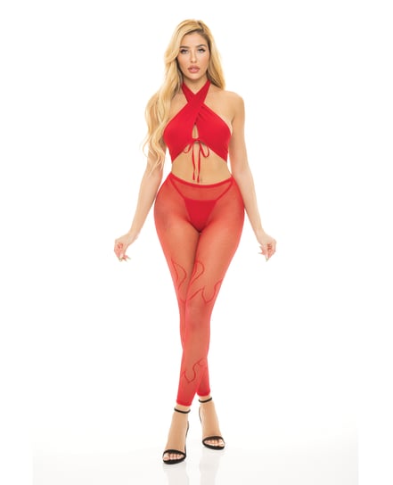 Pink Lipstick Gives You Hell Halter Bra, Pantyhose & G-String Red O/S by Pink Lipstick product image