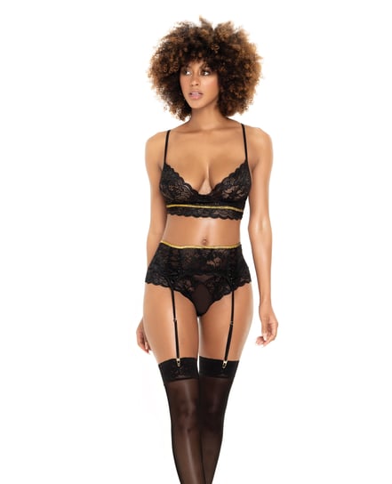 Lace Underwire Bra, Thong & Garterbelt w/Lace Up Detail Black M/L by Mapale product image