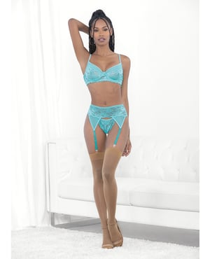 Lace & Mesh Underwire Bra, Garterbelt & G-String Malibu Blue XL by Escante product image