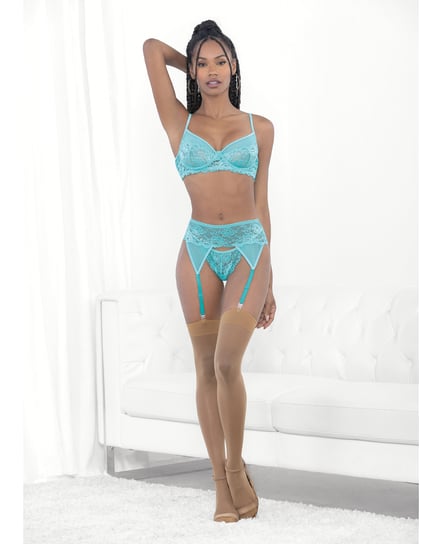Lace & Mesh Underwire Bra, Garterbelt & G-String Malibu Blue XL by Escante product image