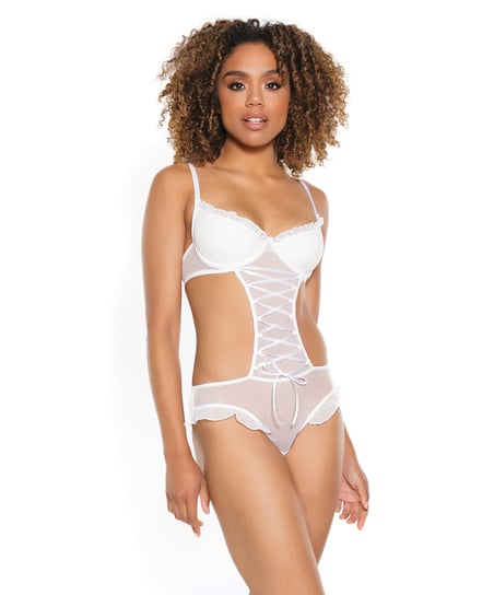 Stretch Mesh Ruffled Crotchless Teddy White MD by Coquette product image