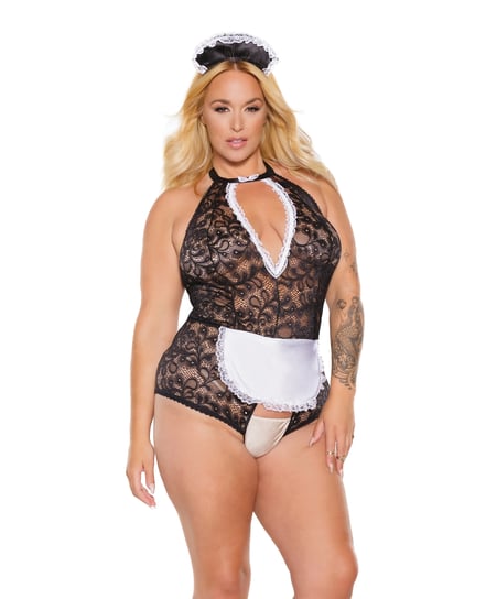 Scallop Stretch Lace Crotchless Maid Teddy w/Headpiece Black/White OS/XL by Coquette product image